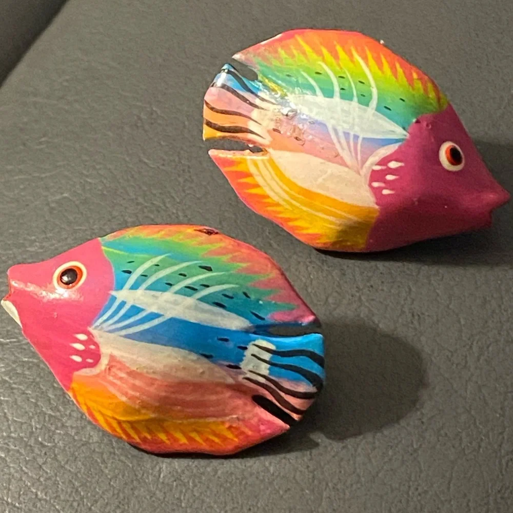 Vintage Colorful Wooden Hand Crafted Earrings Pierced Tropical Fish Design
